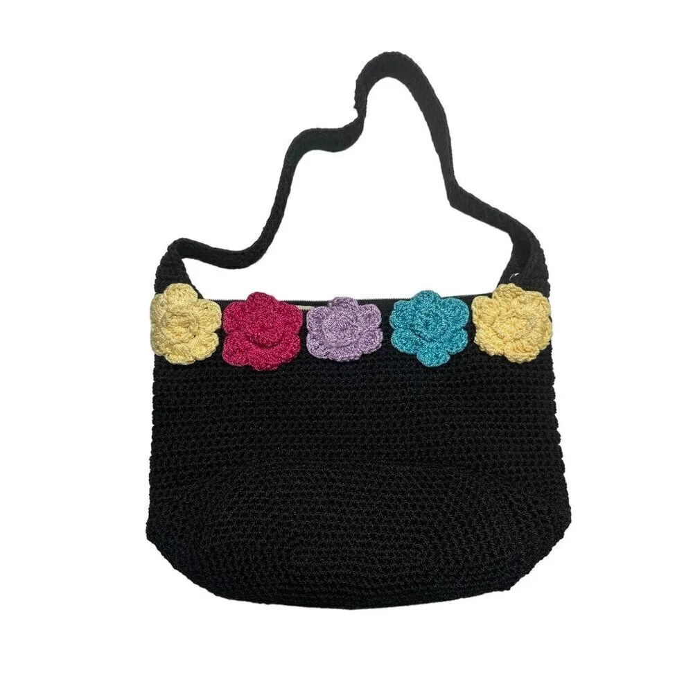 Lina, Black crochet hobo bag with colorful flowers‎